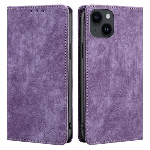 For iPhone 15 Plus RFID Blocking Leather Wallet Phone Case Magnetic Anti-drop Stand Cover - Purple - 1
