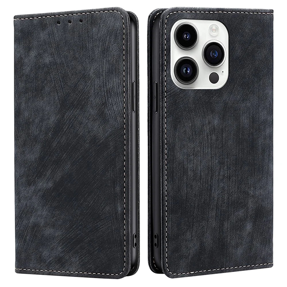 For iPhone 15 Pro Anti-drop Leather Wallet Phone Case RFID Blocking Folding Stand Cover - Black - 1
