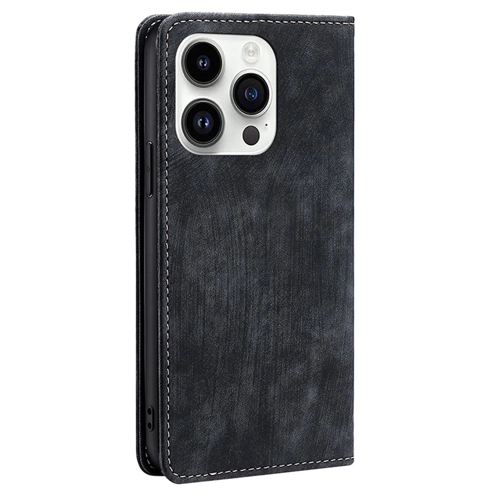 For iPhone 15 Pro Max RFID Blocking PU Leather Phone Case Magnetic Closing Wallet Stand Cover - Black - 7