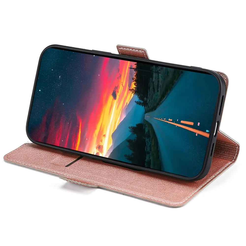 For iPhone 15 Pro Max Phone Case Shockproof Card Slot TPU+PU Leather Shell Phone Stand Cover - Rose Gold - 3