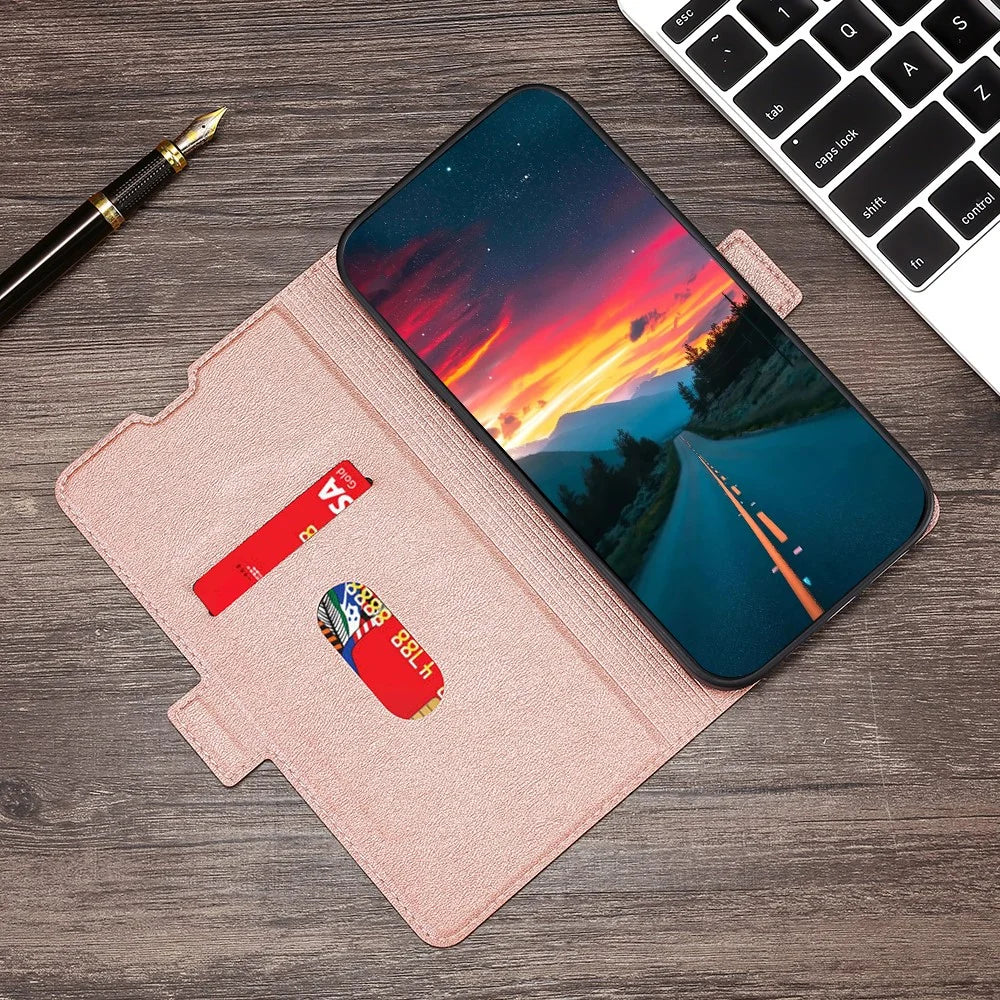 For iPhone 15 Pro Max Phone Case Shockproof Card Slot TPU+PU Leather Shell Phone Stand Cover - Rose Gold - 5