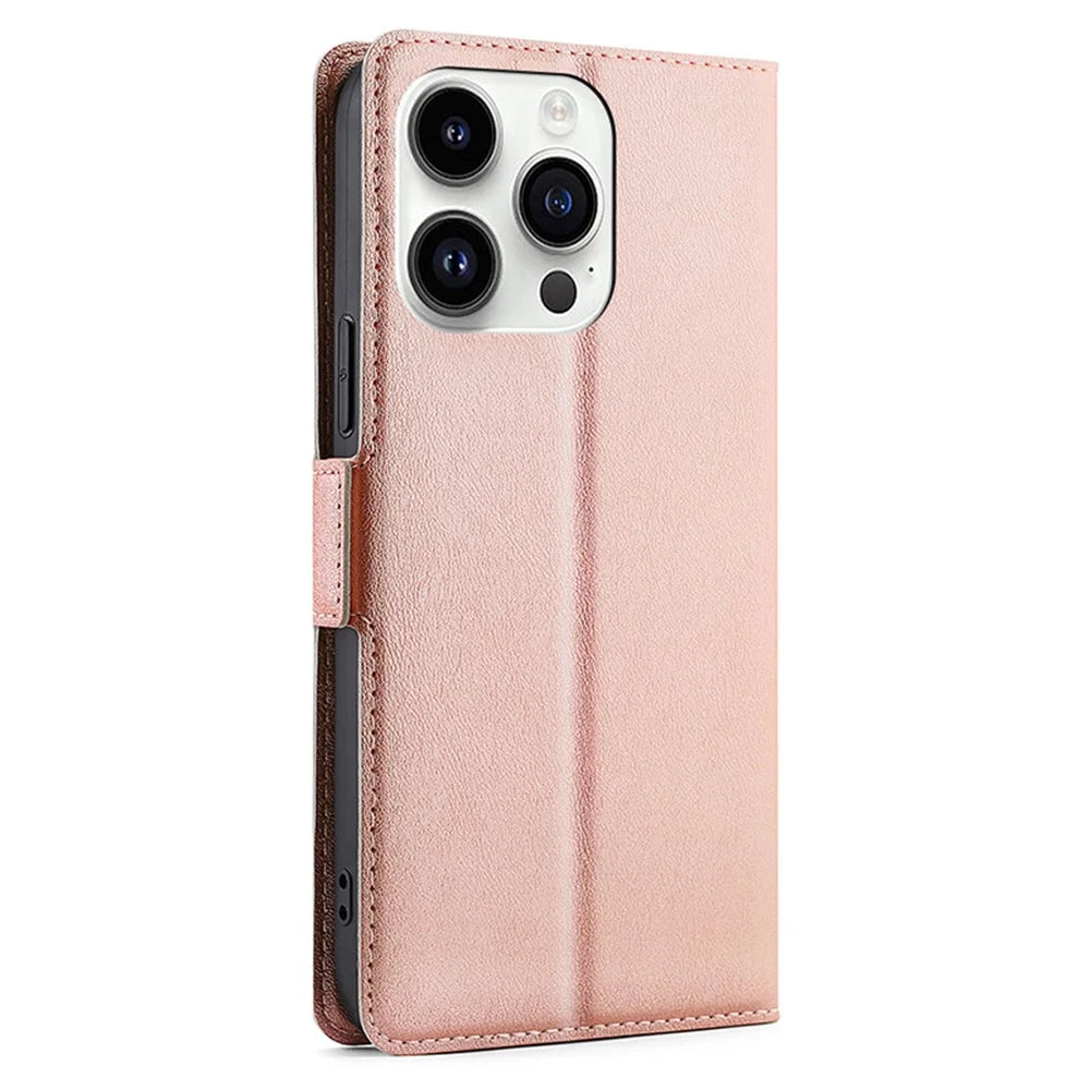 For iPhone 15 Pro Max Phone Case Shockproof Card Slot TPU+PU Leather Shell Phone Stand Cover - Rose Gold - 7