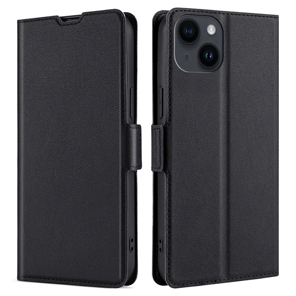 For iPhone 15 Card Slot Phone Case TPU+PU Leather Shell Shockproof Phone Stand Cover - Black - 1