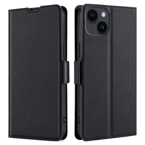 For iPhone 15 Card Slot Phone Case TPU+PU Leather Shell Shockproof Phone Stand Cover - Black - 1