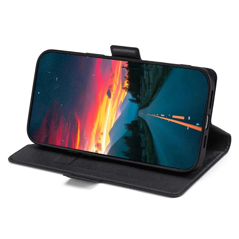 For iPhone 15 Card Slot Phone Case TPU+PU Leather Shell Shockproof Phone Stand Cover - Black - 3