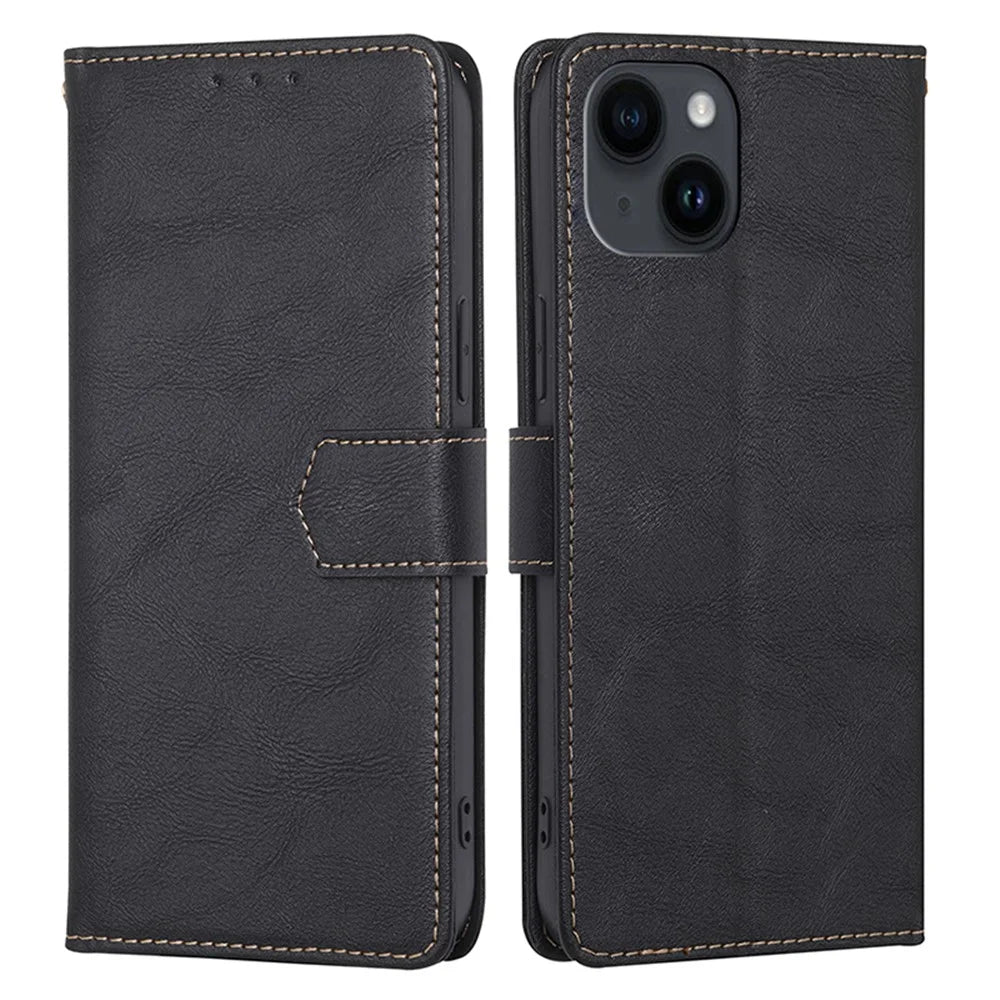 For iPhone 15 Anti-Scratch PU Leather Flip Case RFID Blocking Wallet Stand Phone Cover - Black - 1