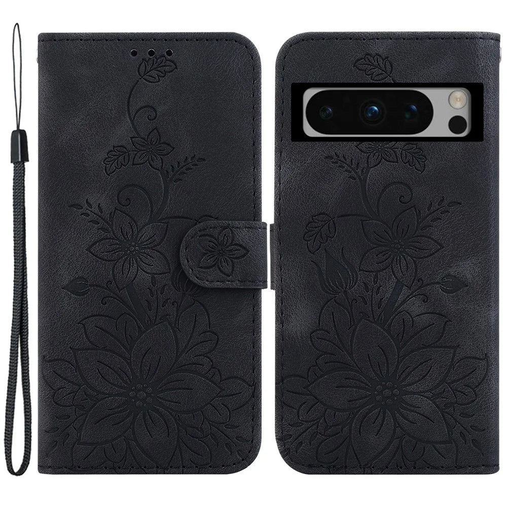 For Google Pixel 8 Pro PU Leather Wallet Phone Case Lily Flower Imprint Anti-fall Stand Shell - Black - 1