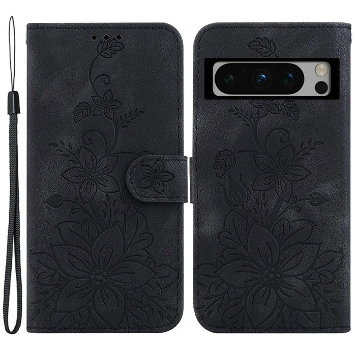 For Google Pixel 8 Pro PU Leather Wallet Phone Case Lily Flower Imprint Anti-fall Stand Shell - Black - 1