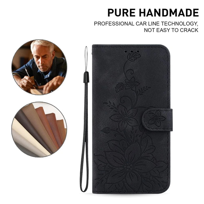 For Google Pixel 8 Pro PU Leather Wallet Phone Case Lily Flower Imprint Anti-fall Stand Shell - Black - 5