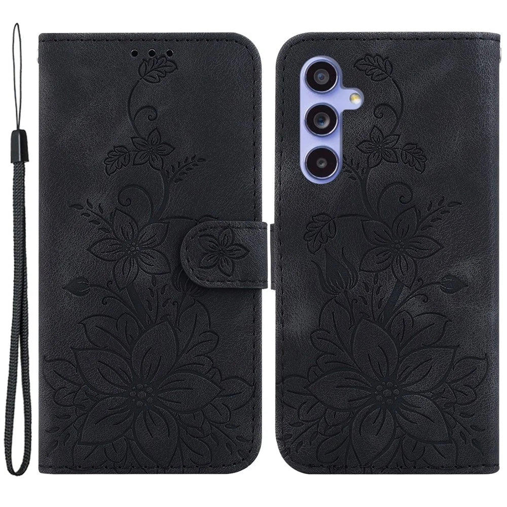 For Samsung Galaxy S23 FE Imprinted Lily Flower Smartphone Case PU Leather Stand Wallet Cover - Black - 1