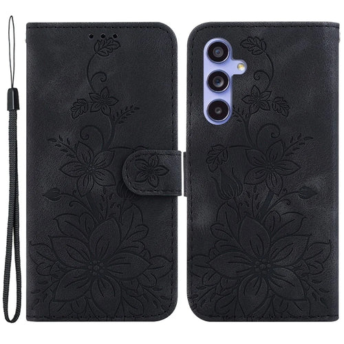 For Samsung Galaxy S23 FE Imprinted Lily Flower Smartphone Case PU Leather Stand Wallet Cover - Black - 1