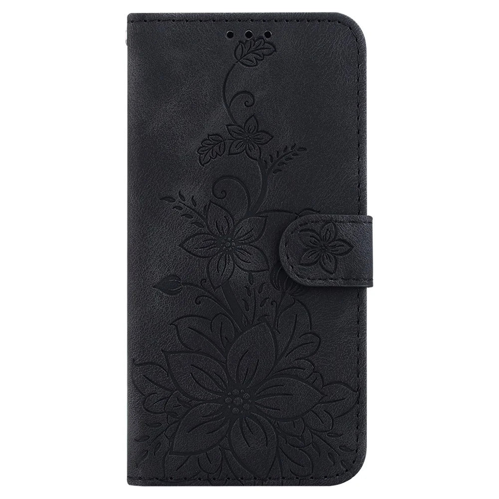 For Samsung Galaxy S23 FE Imprinted Lily Flower Smartphone Case PU Leather Stand Wallet Cover - Black - 7
