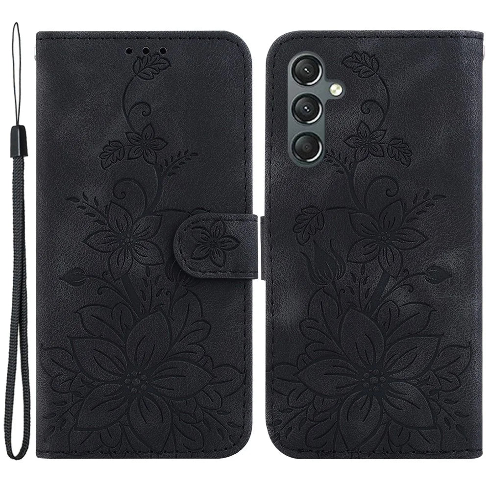 Imprinted Lily Flower Phone Case for Samsung Galaxy A25 5G (Global) (161.0 x 76.5 x 8.3mm) PU Leather Wallet Stand Cover - Black - 1