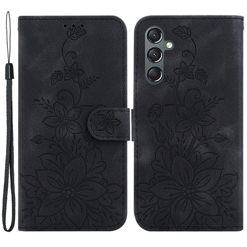 Imprinted Lily Flower Phone Case for Samsung Galaxy A25 5G (Global) (161.0 x 76.5 x 8.3mm) PU Leather Wallet Stand Cover - Black - 1