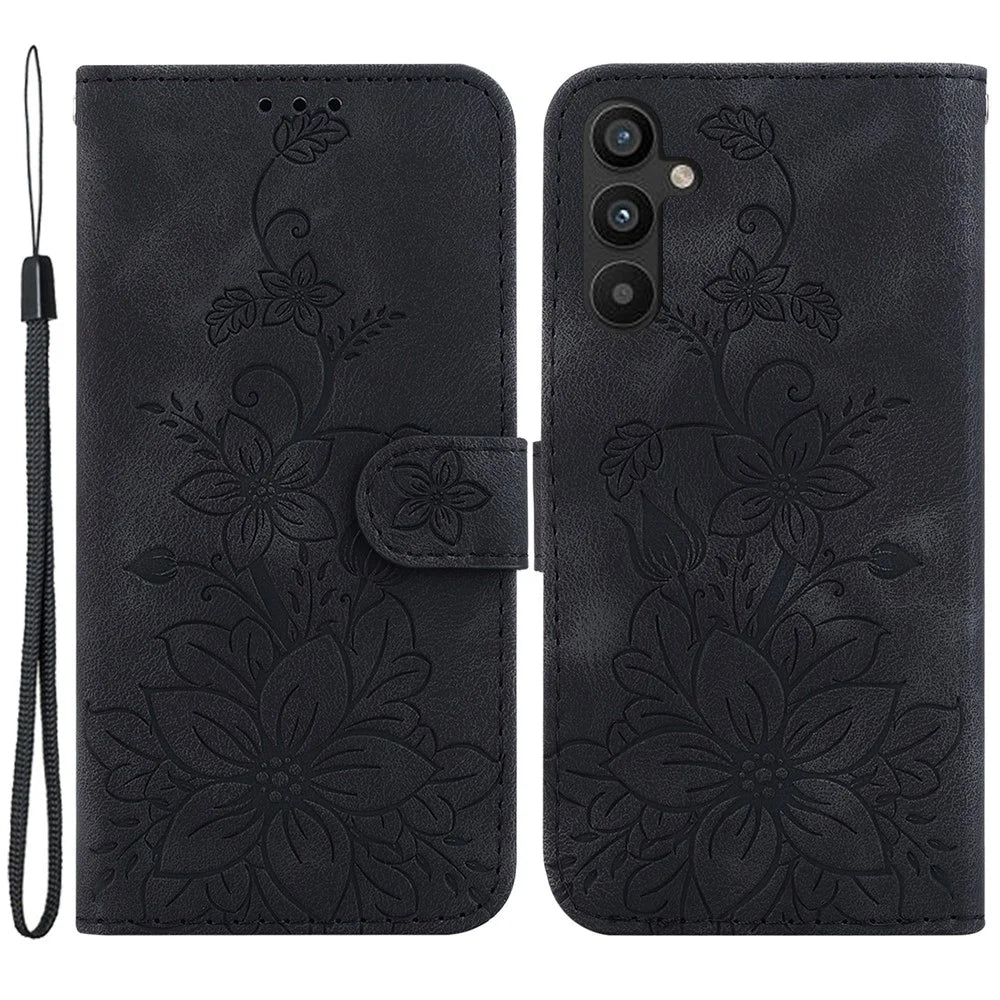 For Samsung Galaxy A34 5G Leather Wallet Phone Case Imprinted Lily Flower Folding Stand Cover - Black - 1