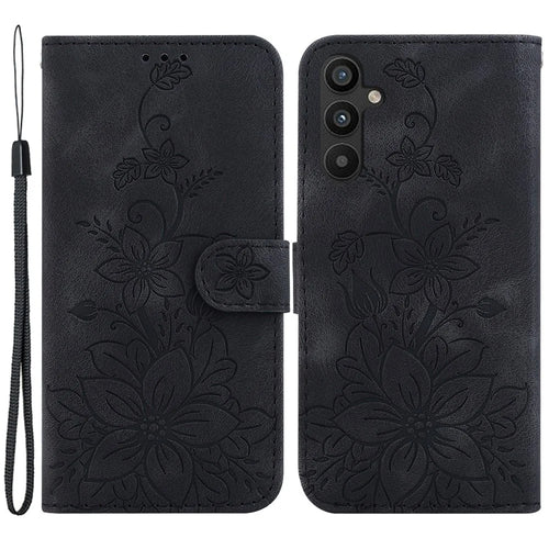 For Samsung Galaxy A34 5G Leather Wallet Phone Case Imprinted Lily Flower Folding Stand Cover - Black - 1