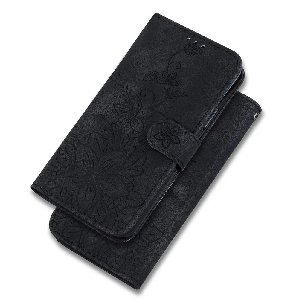 For Samsung Galaxy A34 5G Leather Wallet Phone Case Imprinted Lily Flower Folding Stand Cover - Black - 6