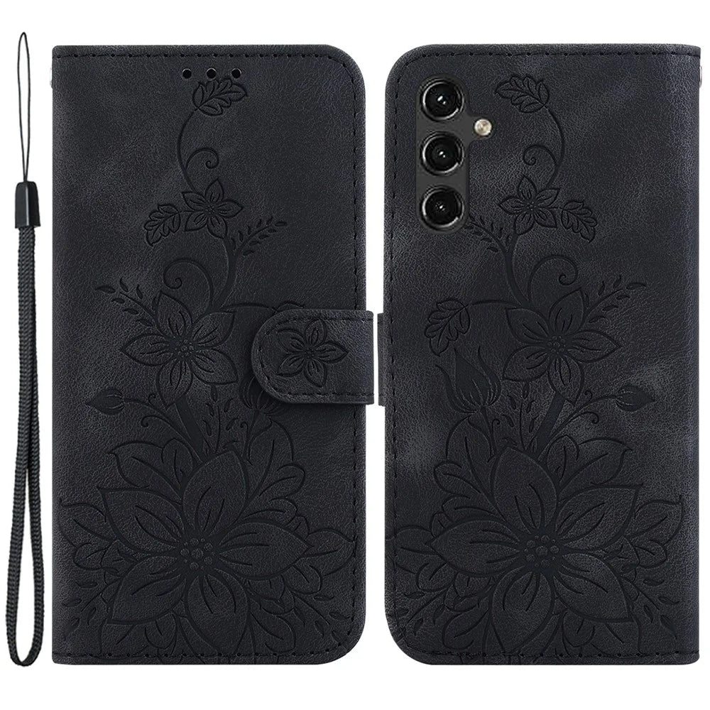For Samsung Galaxy A14 5G / A14 4G Imprinted Lily Flower Leather Cover Flip Stand Wallet Phone Case - Black - 1