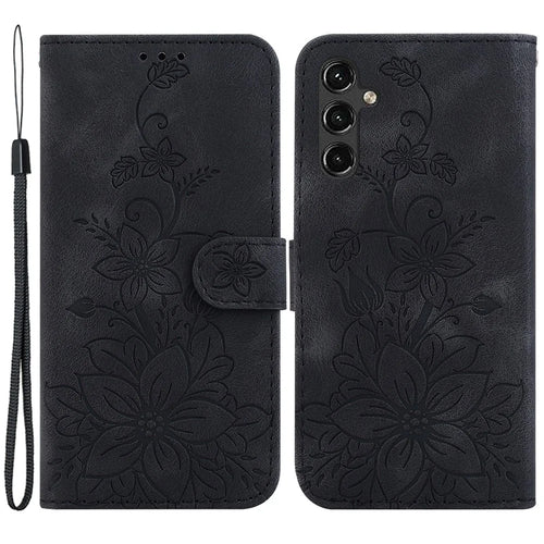 For Samsung Galaxy A14 5G / A14 4G Imprinted Lily Flower Leather Cover Flip Stand Wallet Phone Case - Black - 1