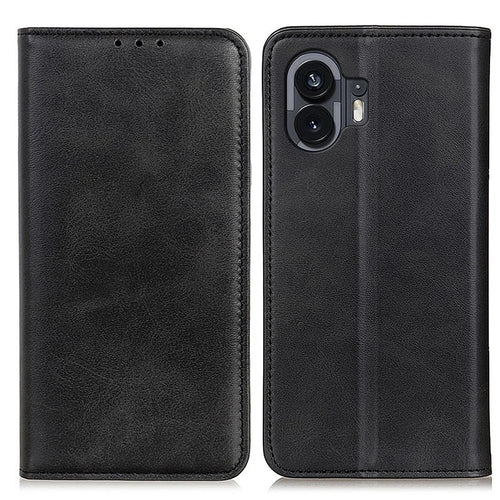 For Nothing Phone (2) Wallet Phone Case Stand Protective Shell Cowhide Texture Split Leather Phone Cover - Black - 1
