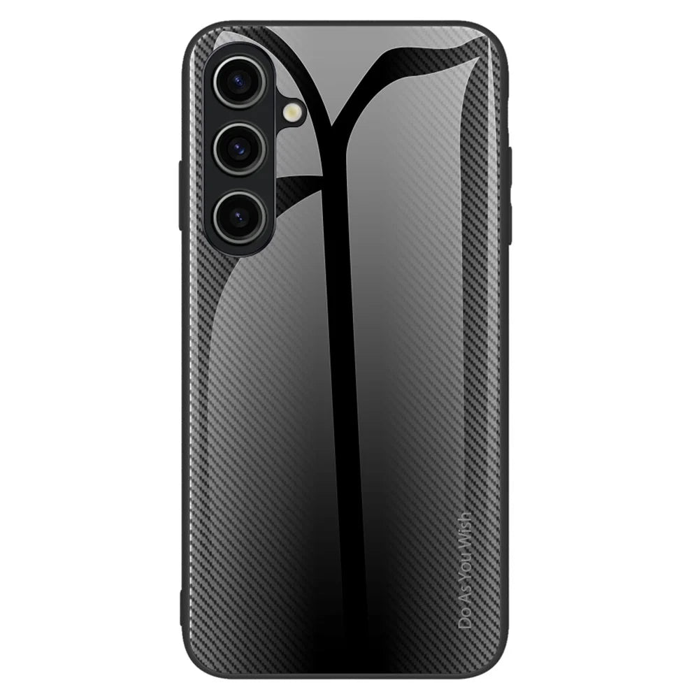 For Samsung Galaxy S23 FE Tempered Glass+Soft TPU Phone Case Carbon Fiber Texture Cell Phone Cover - Black - 1