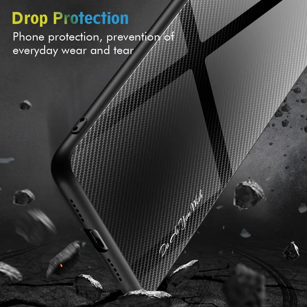 For Samsung Galaxy S23 FE Tempered Glass+Soft TPU Phone Case Carbon Fiber Texture Cell Phone Cover - Black - 6