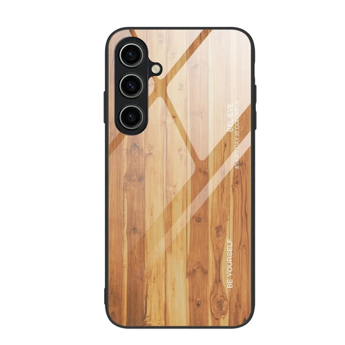 For Samsung Galaxy S23 FE Wood Texture Protective Case Shockproof Tempered Glass TPU Frame Phone Cover - Brown - 1