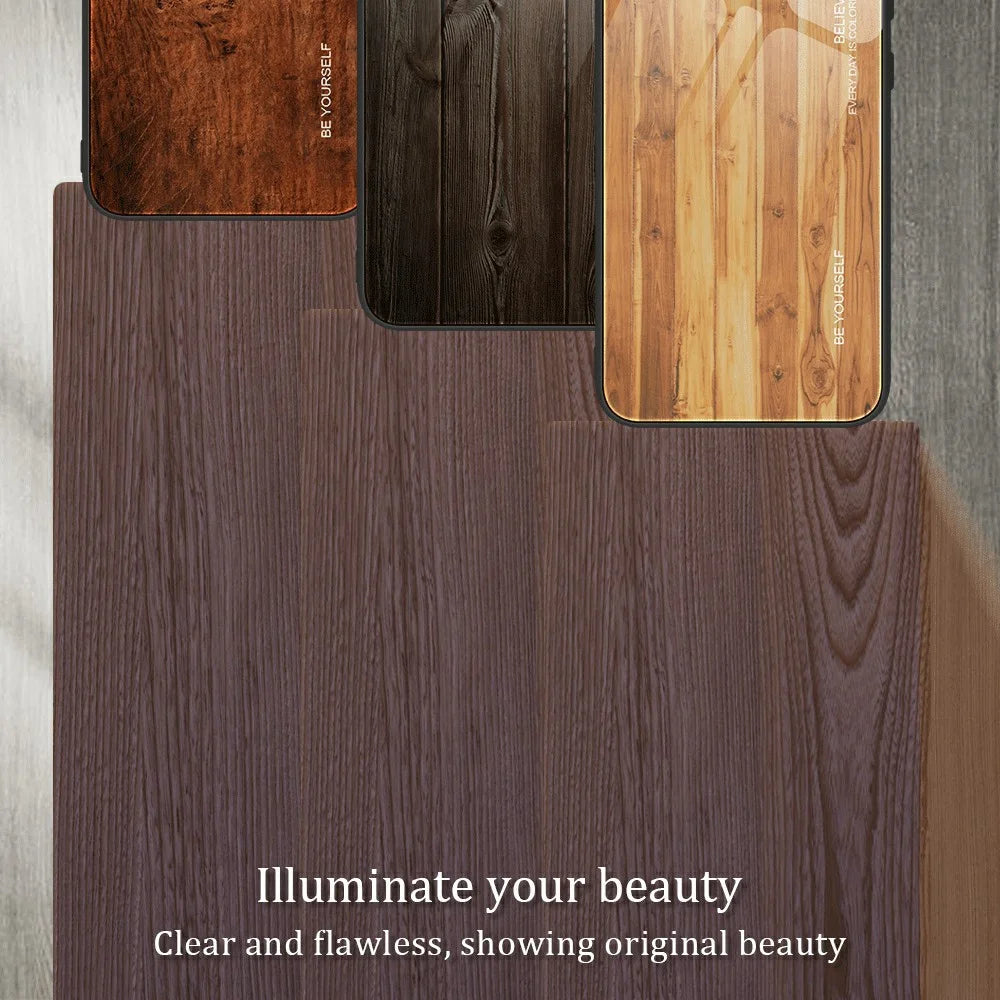 For Samsung Galaxy S23 FE Wood Texture Protective Case Shockproof Tempered Glass TPU Frame Phone Cover - Brown - 3
