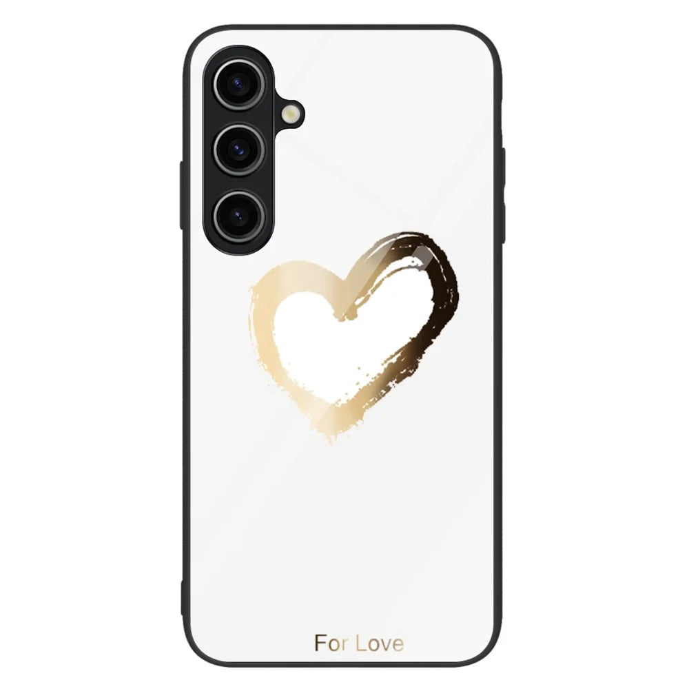 For Samsung Galaxy S23 FE Pattern Printed Tempered Glass Cover PC+TPU Shock Absorption Phone Case - For Love / White - 1