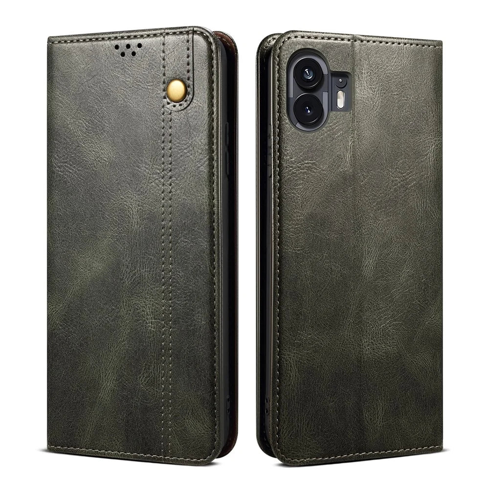 PU Leather Case for Nothing Phone (2) , Anti-Scratch Waxy Crazy Horse Texture Wallet Stand Phone Cover - Green - 1