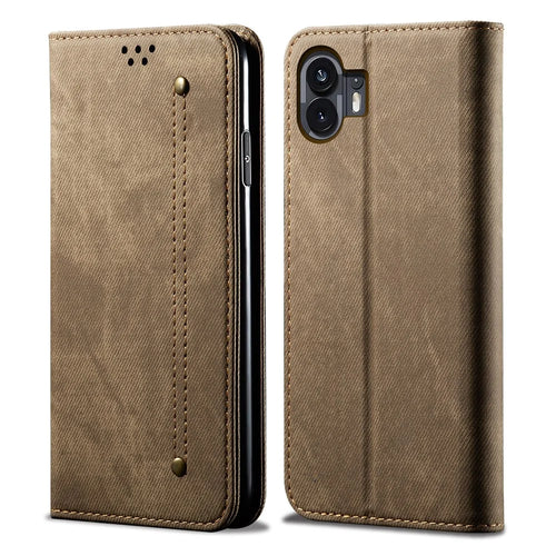 For Nothing Phone (2) Jeans Cloth Texture Flip Wallet Case PU Leather Protective Stand Cell Phone Cover - Khaki - 1