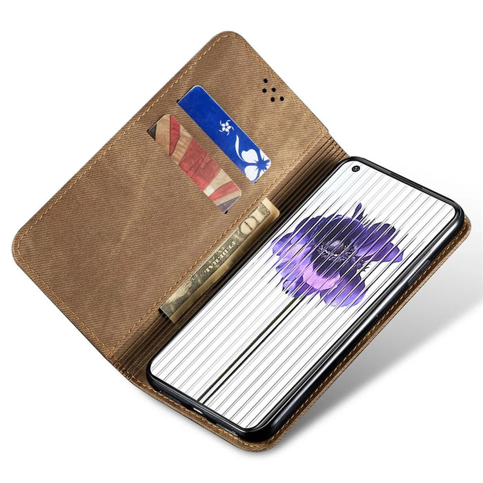 For Nothing Phone (2) Jeans Cloth Texture Flip Wallet Case PU Leather Protective Stand Cell Phone Cover - Khaki - 3