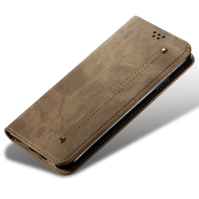 For Nothing Phone (2) Jeans Cloth Texture Flip Wallet Case PU Leather Protective Stand Cell Phone Cover - Khaki - 4