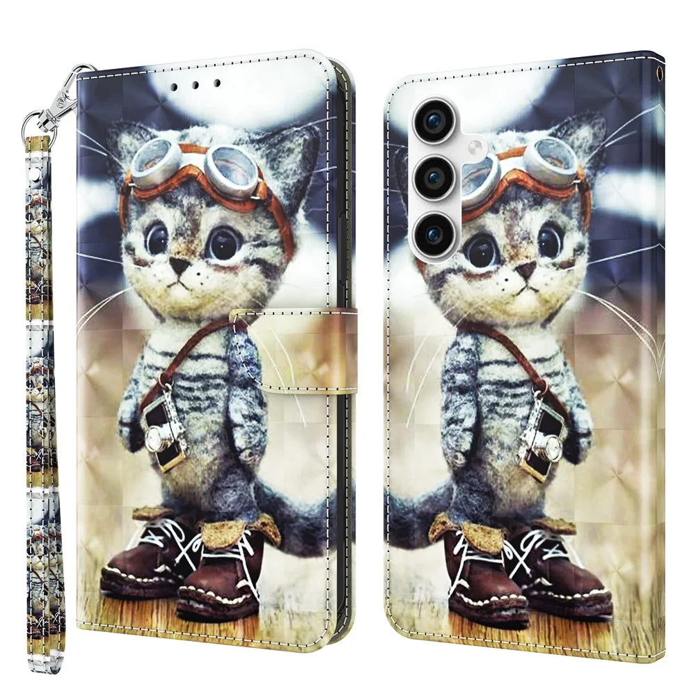 For Samsung Galaxy S23 FE PU Leather Phone Case Wallet Stand 3D Pattern Printing Folio Cover with Strap - Standing Cat - 1