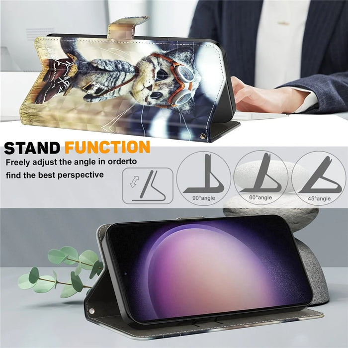 For Samsung Galaxy S23 FE PU Leather Phone Case Wallet Stand 3D Pattern Printing Folio Cover with Strap - Standing Cat - 3