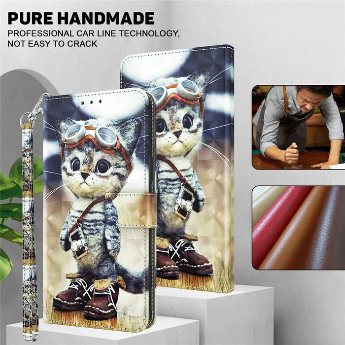 For Samsung Galaxy S23 FE PU Leather Phone Case Wallet Stand 3D Pattern Printing Folio Cover with Strap - Standing Cat - 6