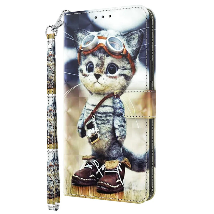 For Samsung Galaxy S23 FE PU Leather Phone Case Wallet Stand 3D Pattern Printing Folio Cover with Strap - Standing Cat - 7