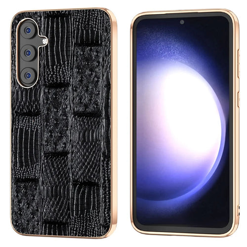 For Samsung Galaxy S23 FE Mahjong Texture Phone Case Genuine Cowhide Leather+PC+TPU Electroplating Cover - Black - 1