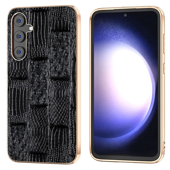 For Samsung Galaxy S23 FE Mahjong Texture Phone Case Genuine Cowhide Leather+PC+TPU Electroplating Cover - Black - 1