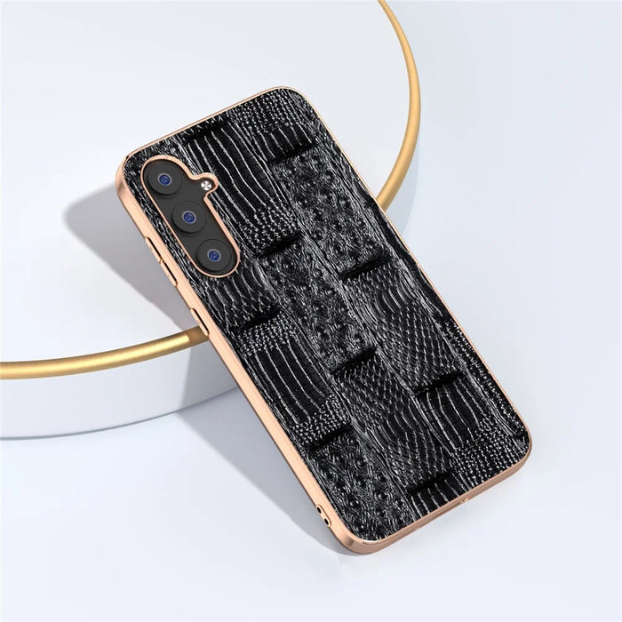 For Samsung Galaxy S23 FE Mahjong Texture Phone Case Genuine Cowhide Leather+PC+TPU Electroplating Cover - Black - 2