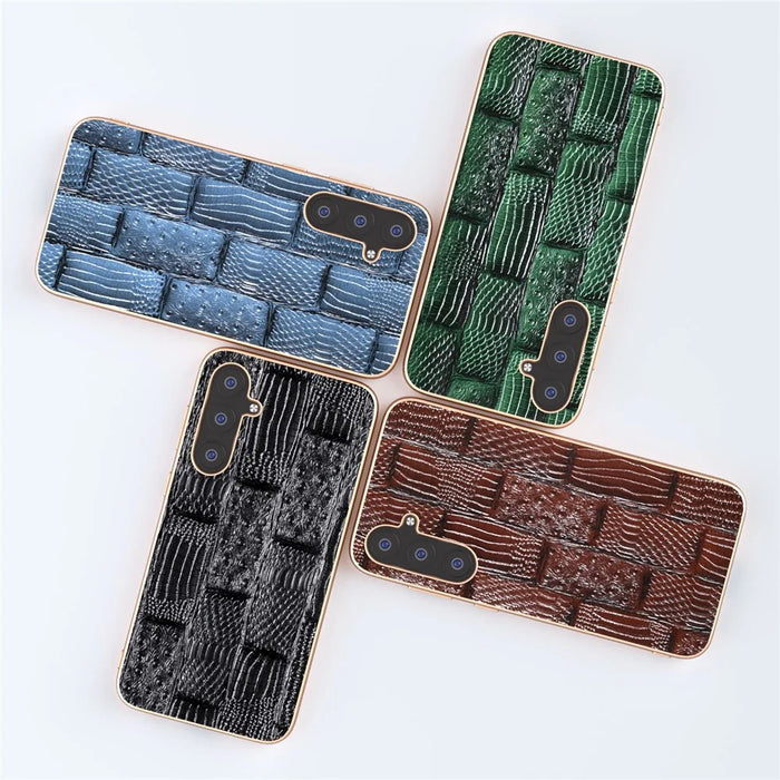 For Samsung Galaxy S23 FE Mahjong Texture Phone Case Genuine Cowhide Leather+PC+TPU Electroplating Cover - Black - 5