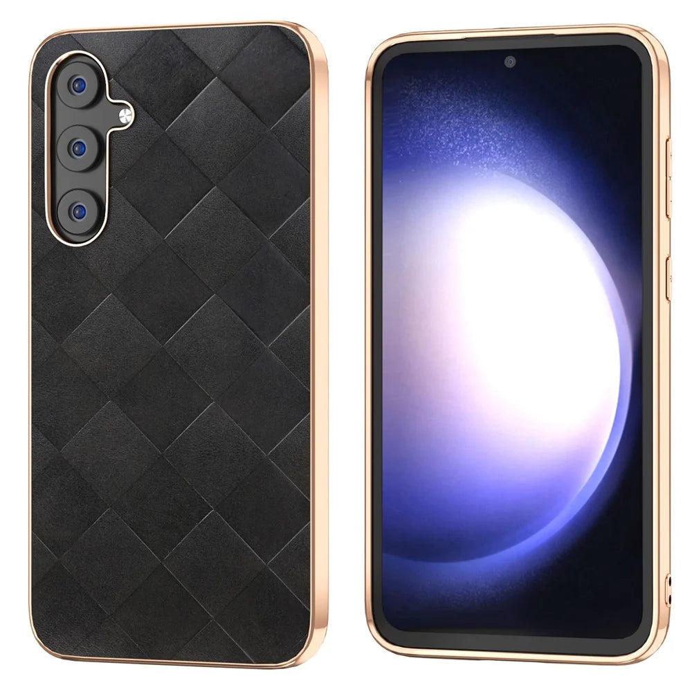 For Samsung Galaxy S23 FE Shockproof Grid Texture Phone Case Genuine Cowhide Leather+PC+TPU Electroplating Cover - Black - 1