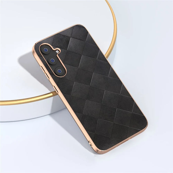 For Samsung Galaxy S23 FE Shockproof Grid Texture Phone Case Genuine Cowhide Leather+PC+TPU Electroplating Cover - Black - 2