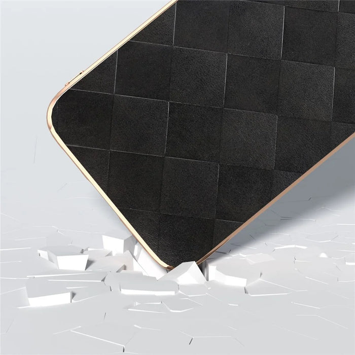 For Samsung Galaxy S23 FE Shockproof Grid Texture Phone Case Genuine Cowhide Leather+PC+TPU Electroplating Cover - Black - 3