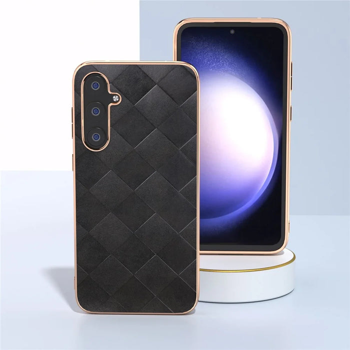 For Samsung Galaxy S23 FE Shockproof Grid Texture Phone Case Genuine Cowhide Leather+PC+TPU Electroplating Cover - Black - 4