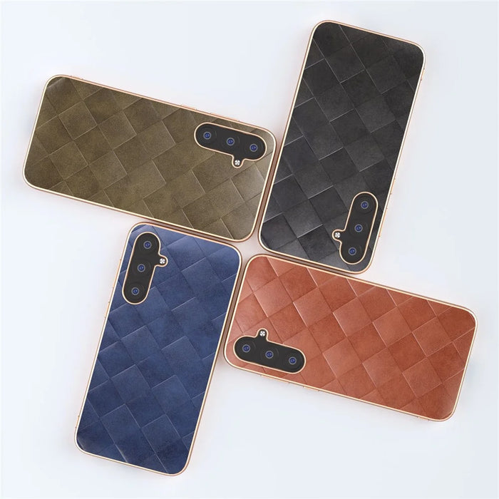 For Samsung Galaxy S23 FE Shockproof Grid Texture Phone Case Genuine Cowhide Leather+PC+TPU Electroplating Cover - Black - 5