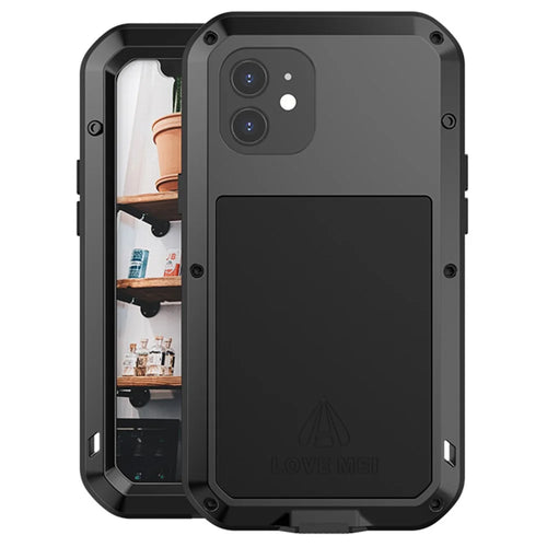 LOVE MEI For iPhone 12 Full Body Protective Cover Shockproof Metal + Silicone Phone Case with Tempered Glass Film - Black - 1