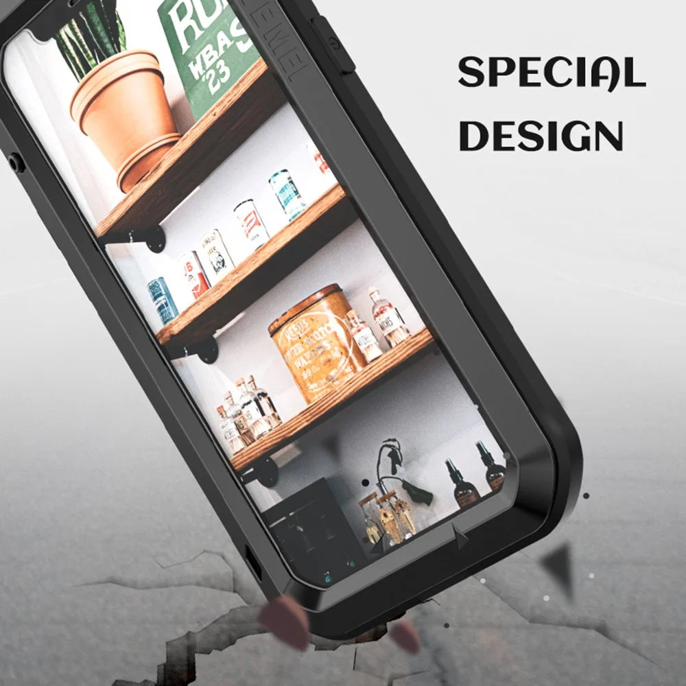 LOVE MEI For iPhone 12 Full Body Protective Cover Shockproof Metal + Silicone Phone Case with Tempered Glass Film - Black - 3