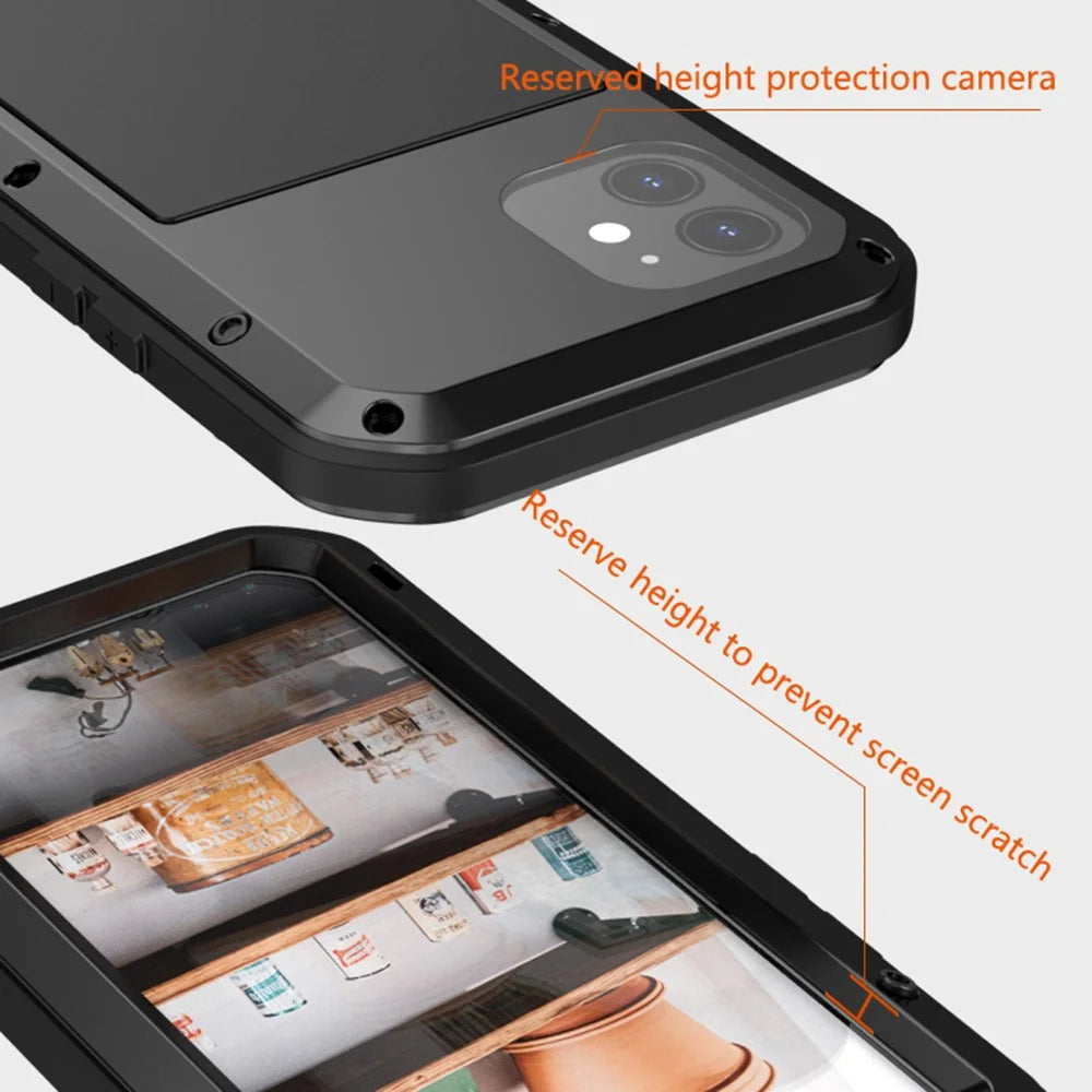 LOVE MEI For iPhone 12 Full Body Protective Cover Shockproof Metal + Silicone Phone Case with Tempered Glass Film - Black - 4