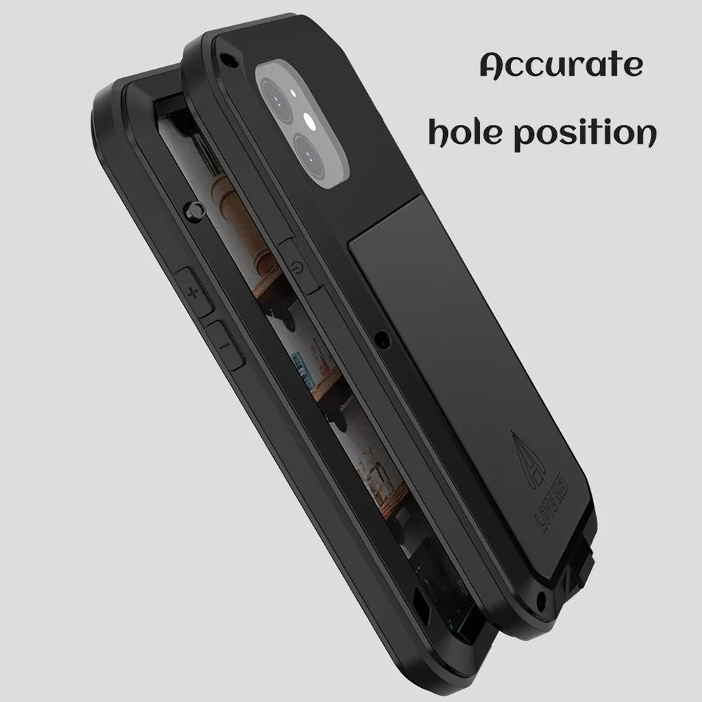 LOVE MEI For iPhone 12 Full Body Protective Cover Shockproof Metal + Silicone Phone Case with Tempered Glass Film - Black - 6